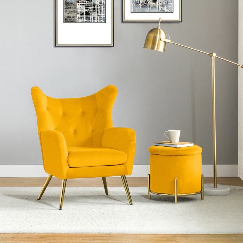 2-Piece Living Room Set with Storage Ottoman and Wingback Chair