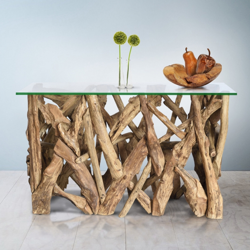 Teak Root Glass Top Console Table