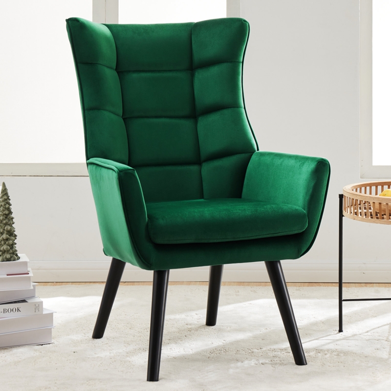 Velvet Upholstered Armchair with Checkered Backrest