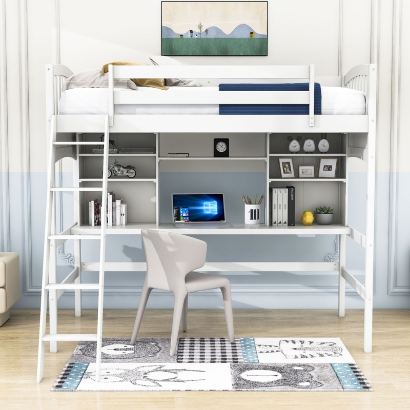 Loft Bed with Built-in Desk and Shelves