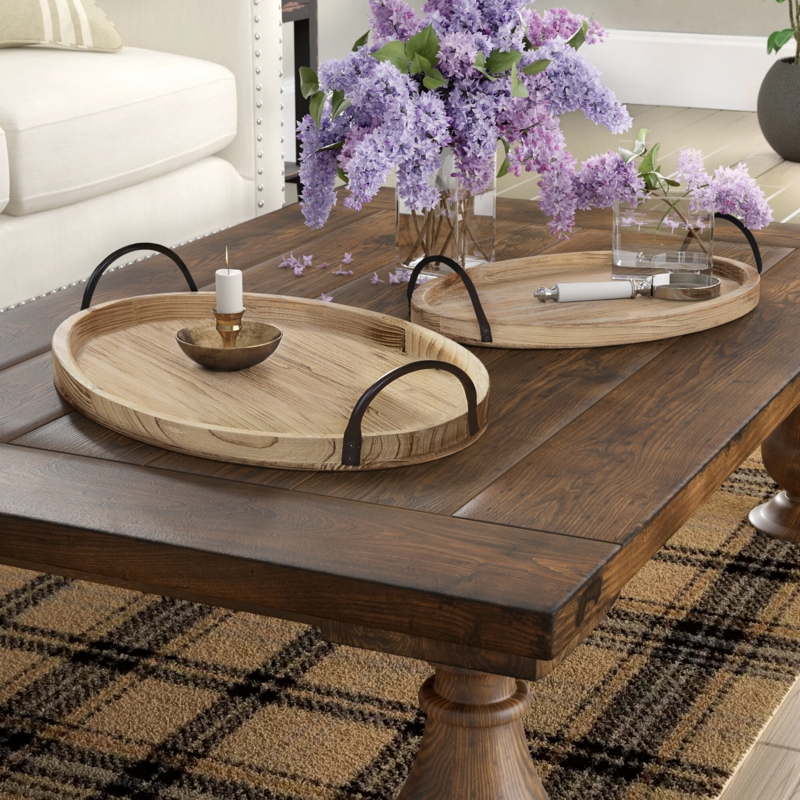 Oval Wood Accent Trays with Metal Handles (Set of 2)