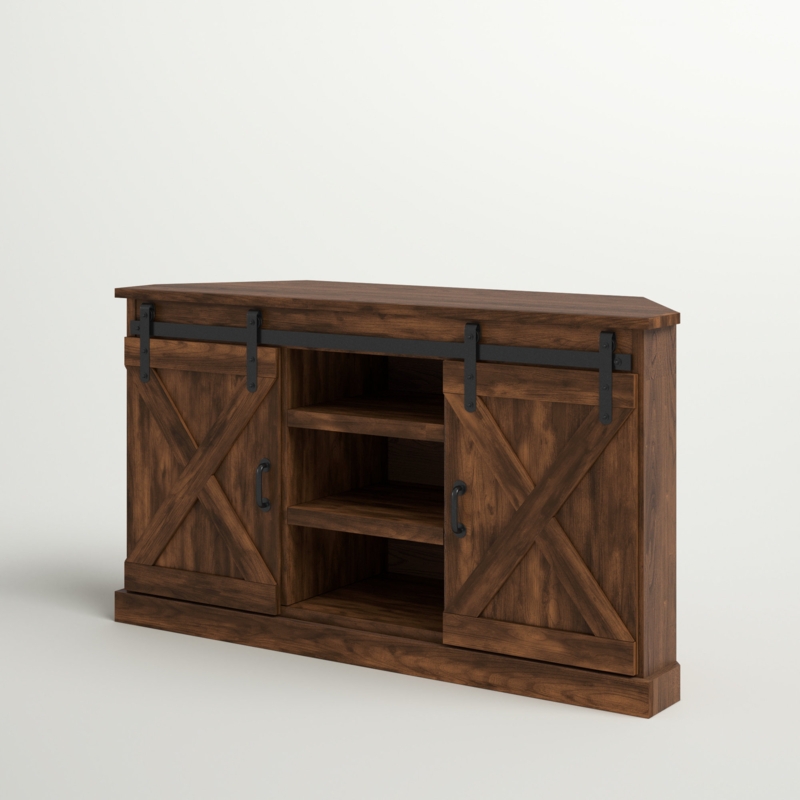 Rustic Corner TV Stand with Sliding Doors