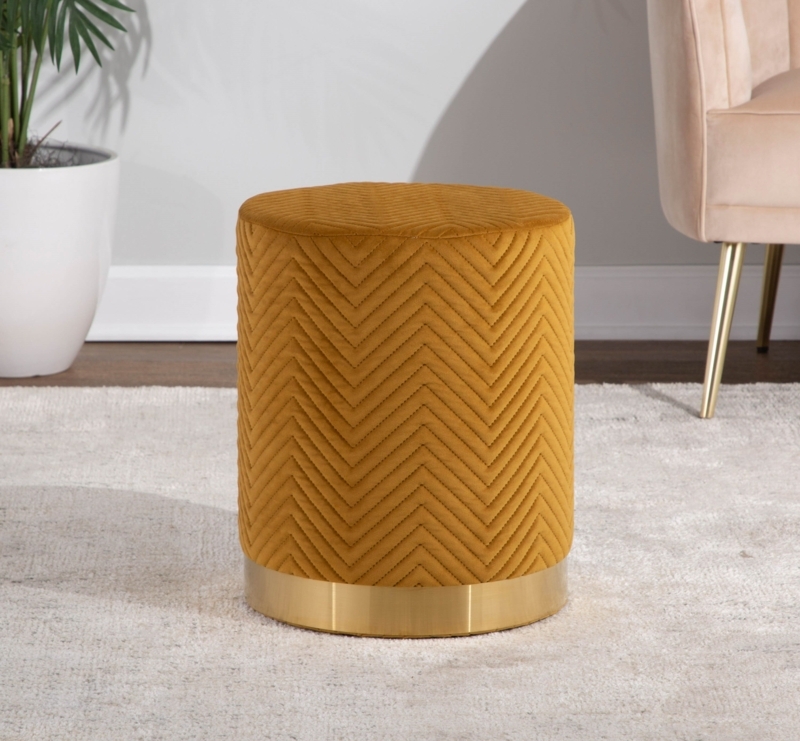 Velvet Upholstered Chevron Ottoman with Gold Base