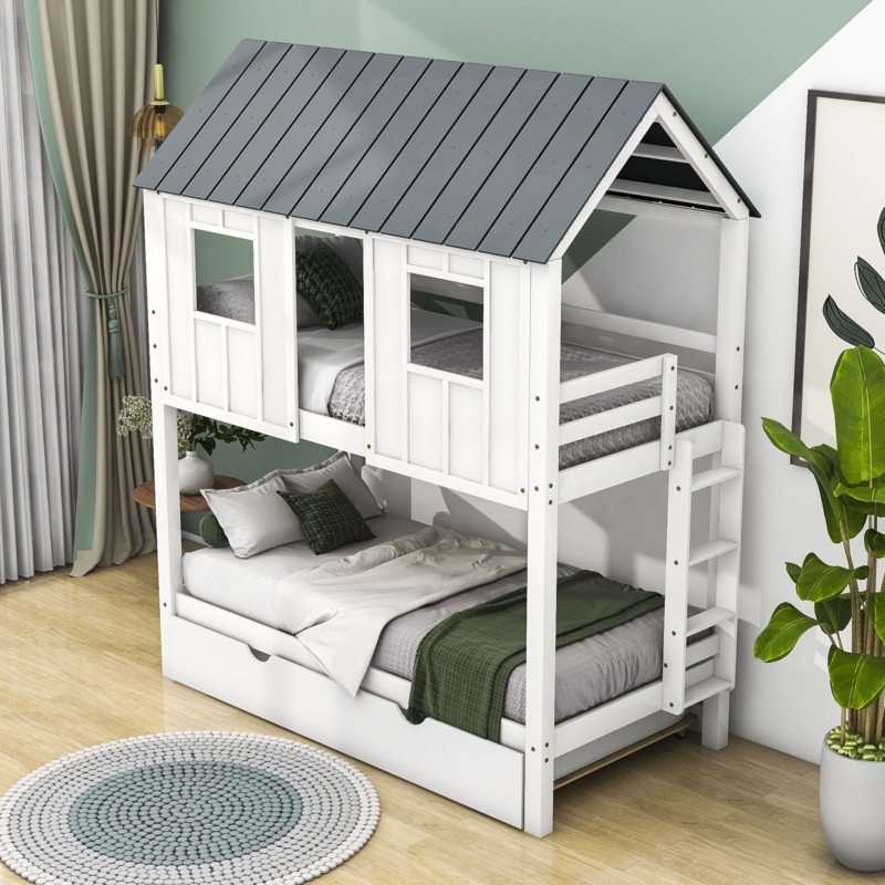 House-Shaped Bunk Bed with Pitched Roof and Windows