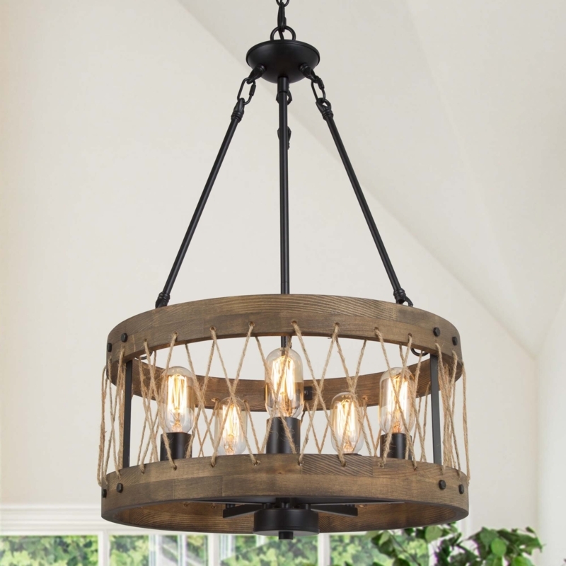 Five-Light Wood and Hemp Rope Chandelier