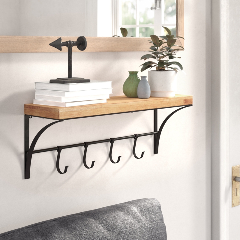 Modern Farmhouse Storage Shelf with Hooks