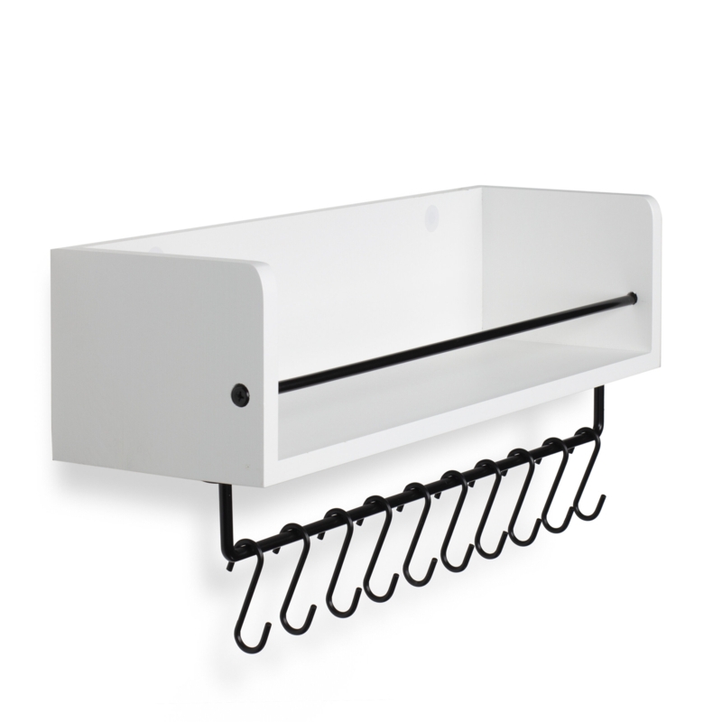 Chic White Wall Shelf with Rail and 10 S Hooks