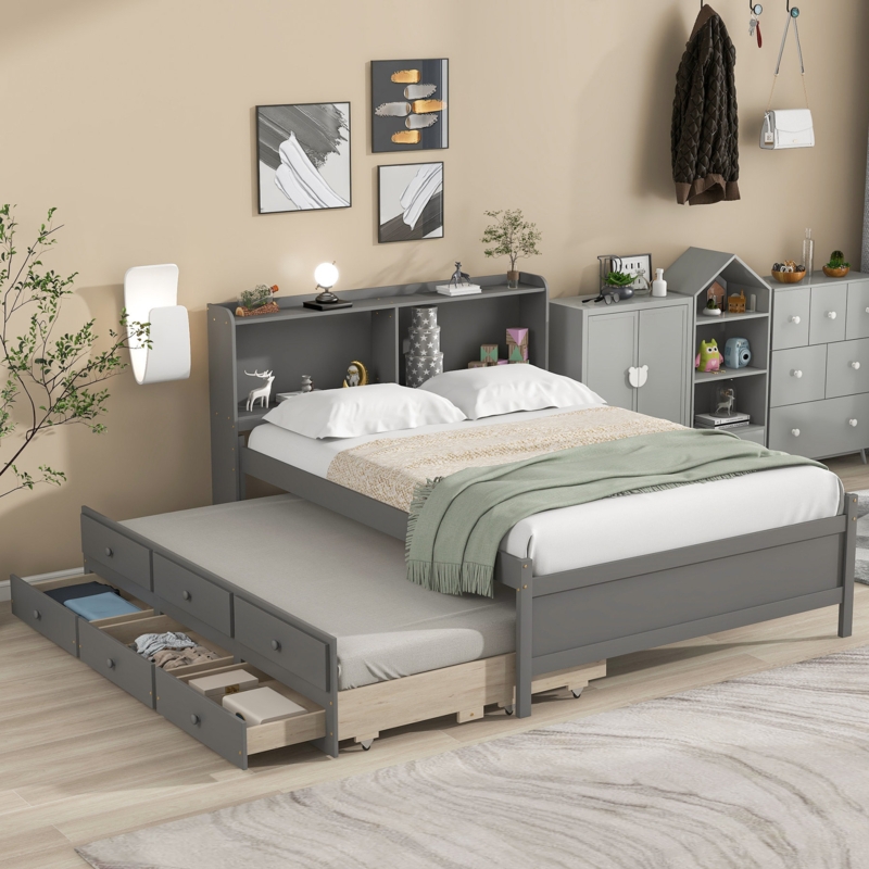 Full Size Bed with Bookcase, Trundle and Storage Drawers
