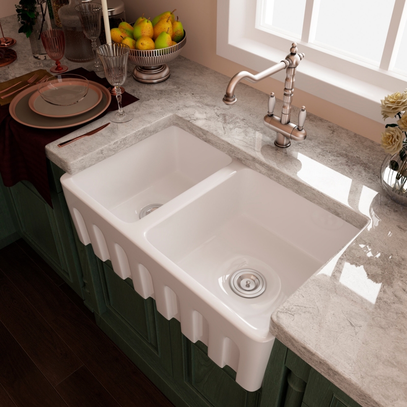 Farmhouse Apron Ceramic Sink with Double Bowls