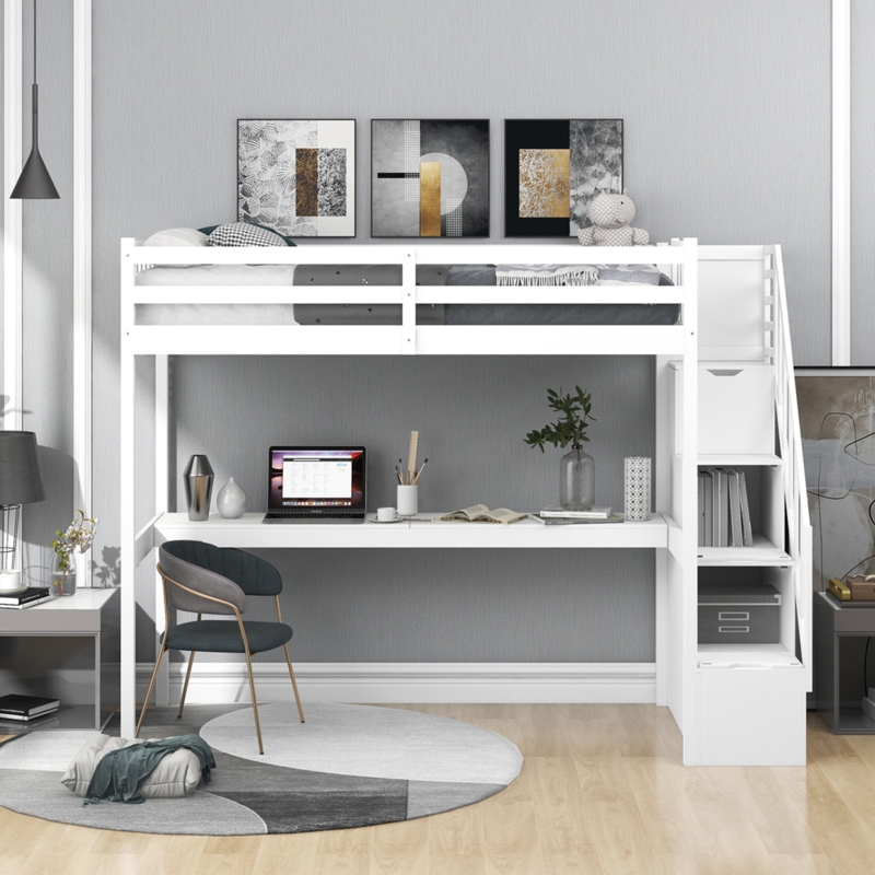 Twin Loft Bed with Built-In Desk and Staircase Storage