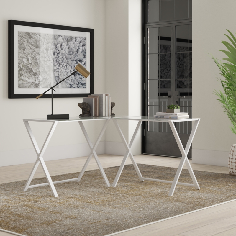 Glass Corner Desk with X-Frame Trestle Base