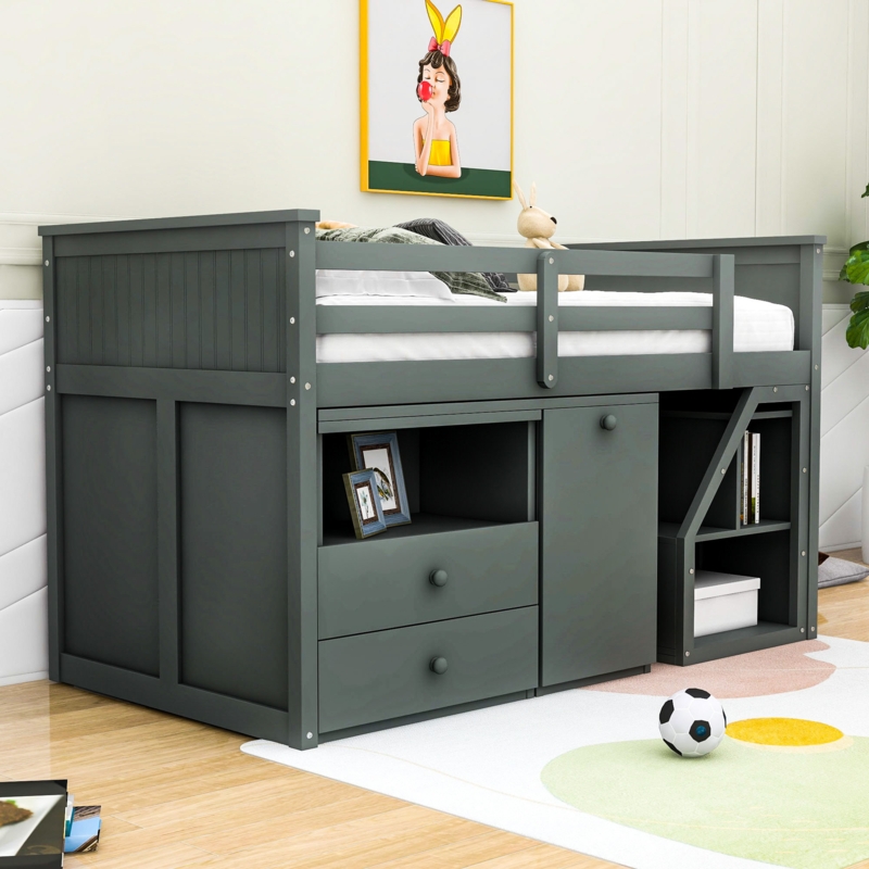 Loft Bed with Storage Drawers and Portable Desk