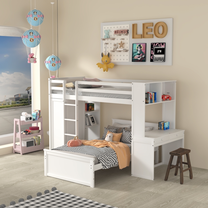 Loft Bed with Wardrobe, Desk, and Shelves