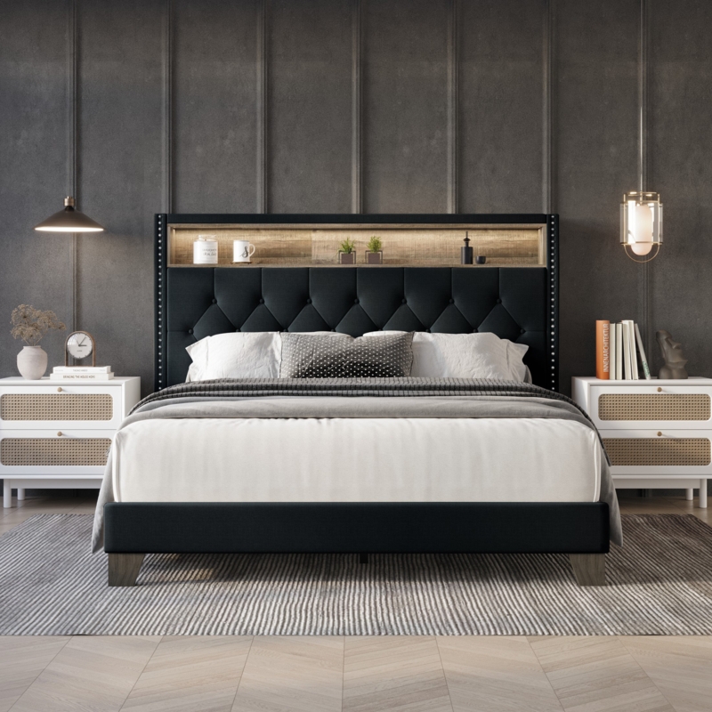 Upholstered Bed Frame with LED and Storage