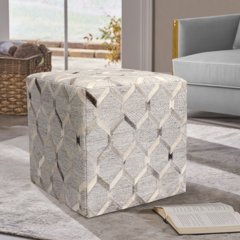 Silver Cowhide Zig-Zag Patterned Pouf