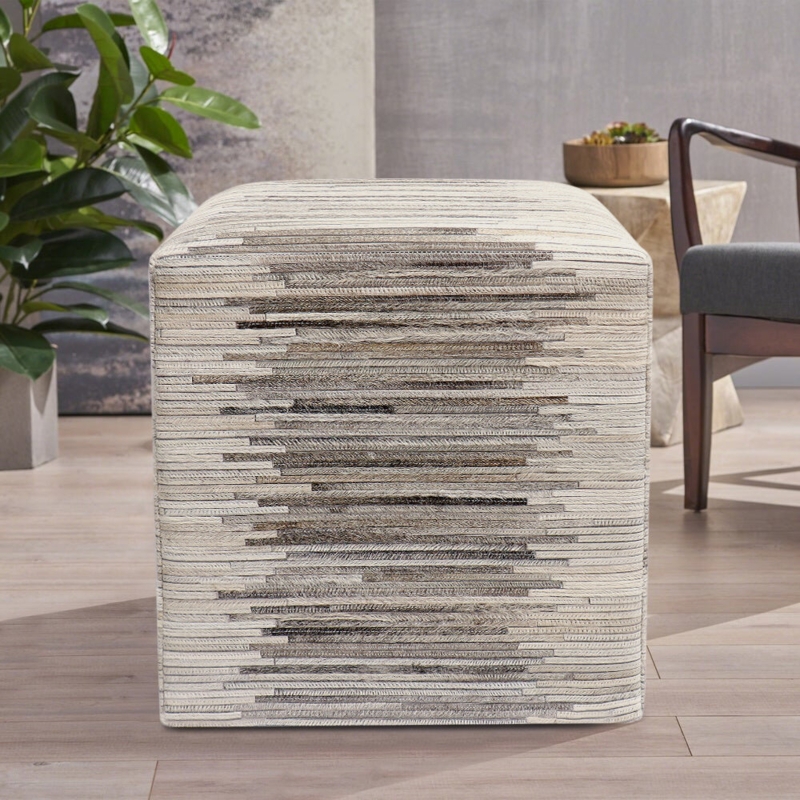 Silver Cowhide Etched Pouf