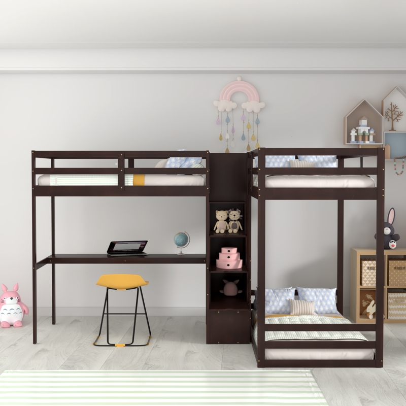 Convertible Pine Wood Bunk Bed with Storage Staircase