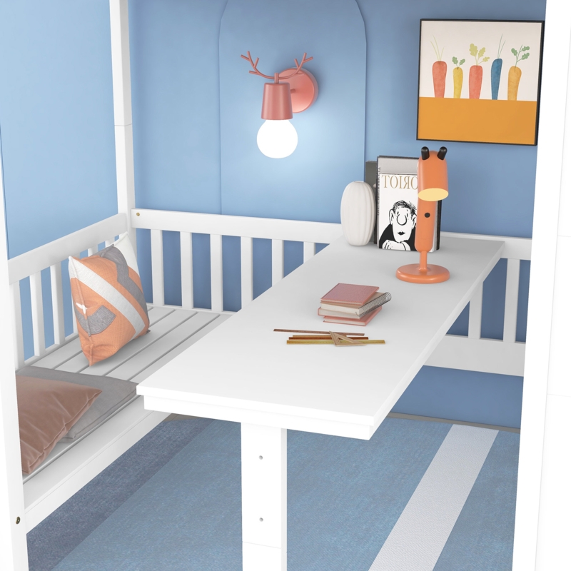 Twin Over Twin Wood Loft Bed with Convertible Table