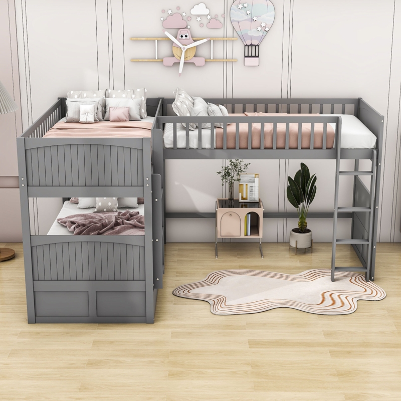 L-Shaped Triple Bunk Bed with Storage Drawers