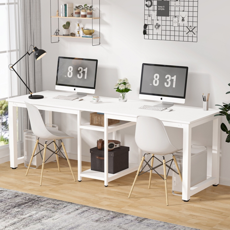 Double Workstation Desk with 2-Tier Shelves