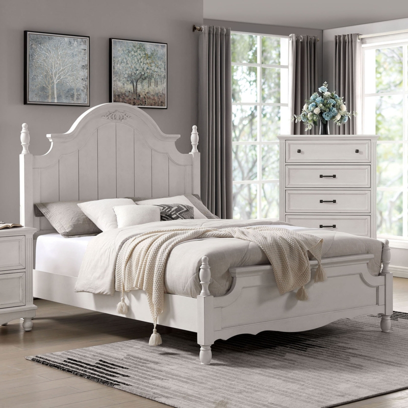 Antique White Wooden Bed with Bell-Shaped Headboard