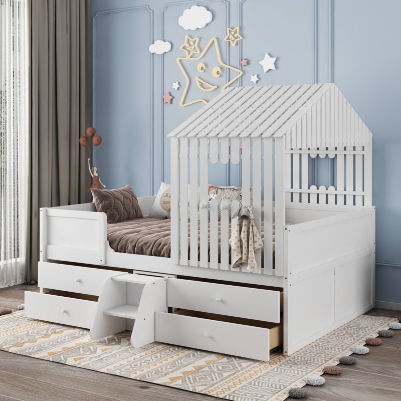 Full-Size House Low Loft Bed with Drawers