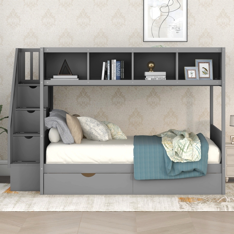 Twin Over Full Bunk Bed with Storage Staircase