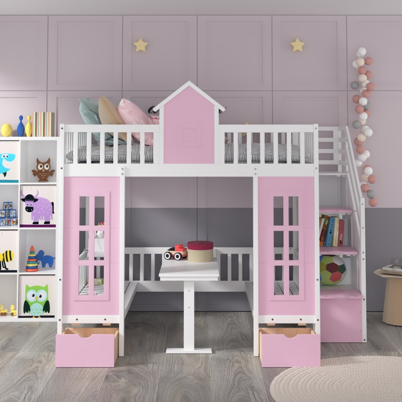 Full Over Full Wood Loft Bed with Convertible Table