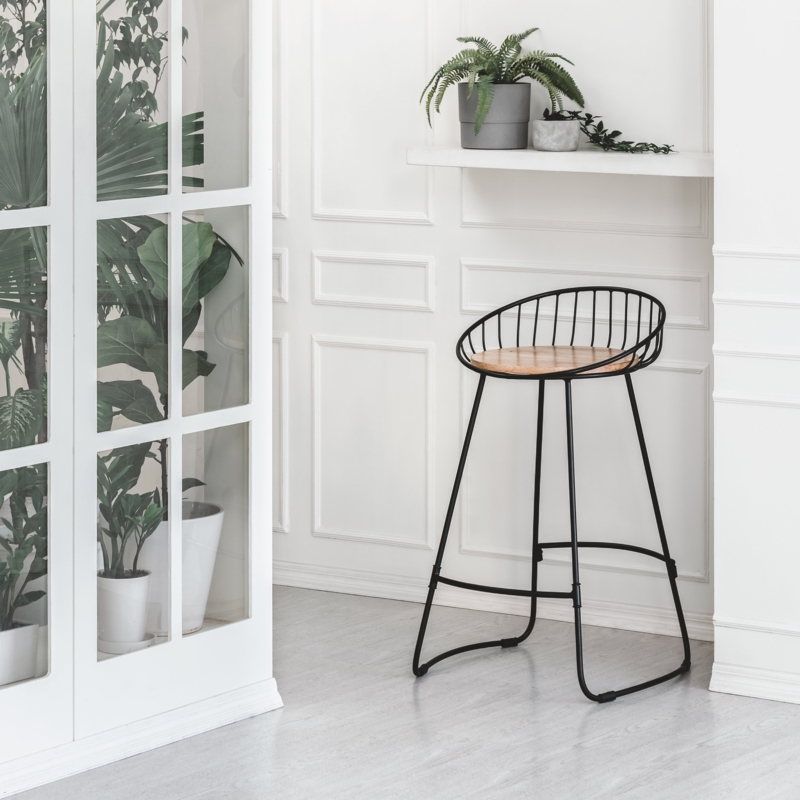 Contemporary Kitchen Bar Stool with Wooden Seat