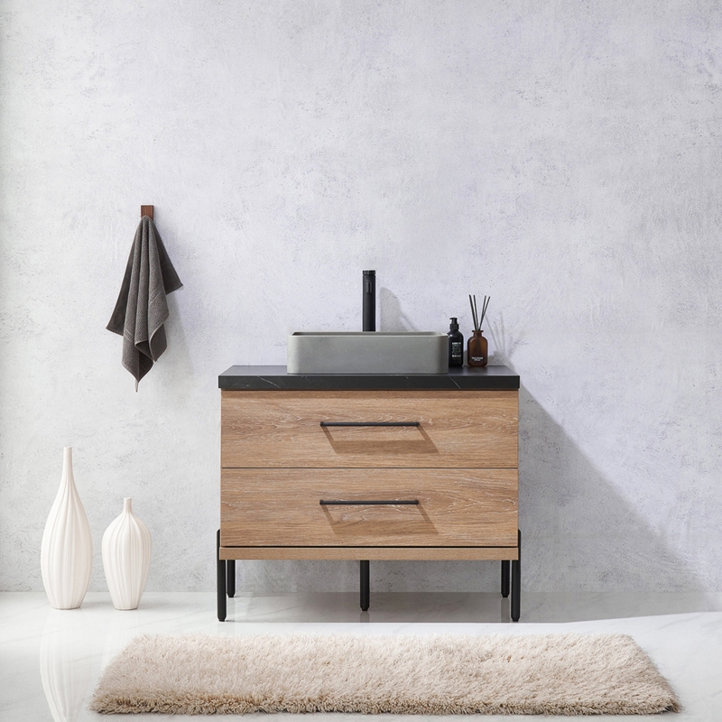 Sintered-Stone Countertop Vanity with Concrete Vessel Sink
