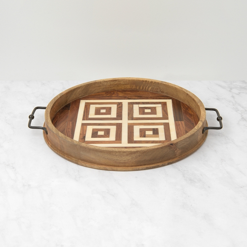 Round Wood and Bone Tray with Geometric Inlay