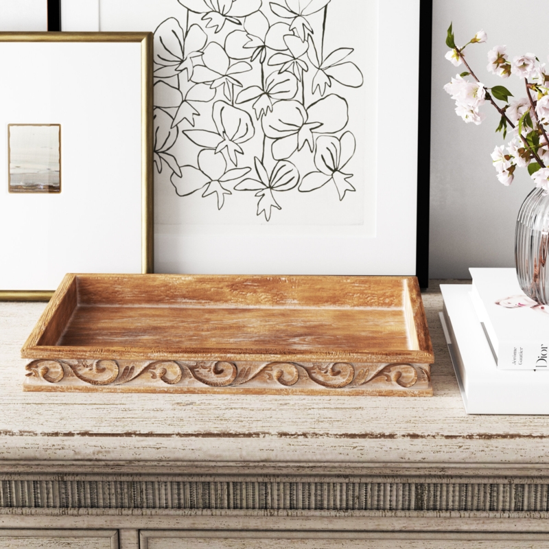 Solid Wood Decorative Tray with Carvings