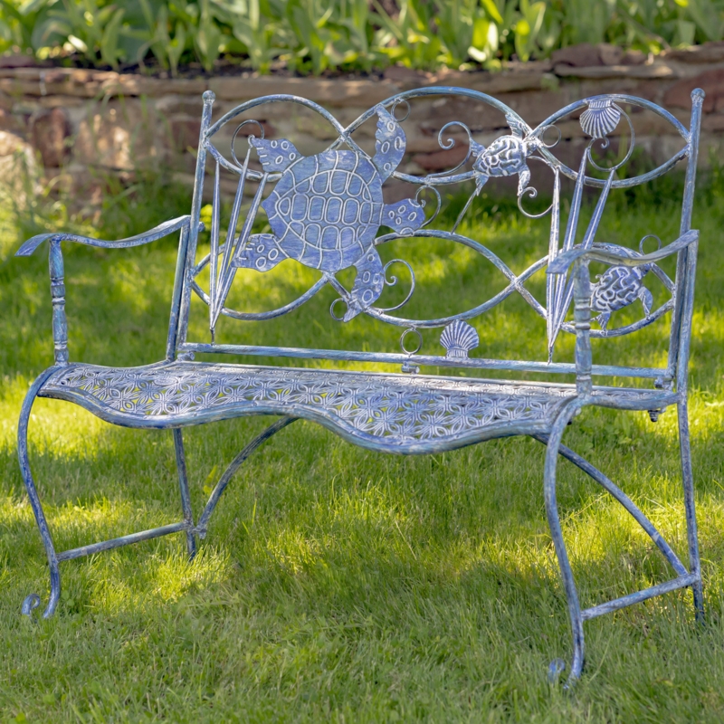 Coastal-themed Iron Bench with Sea Turtle Design