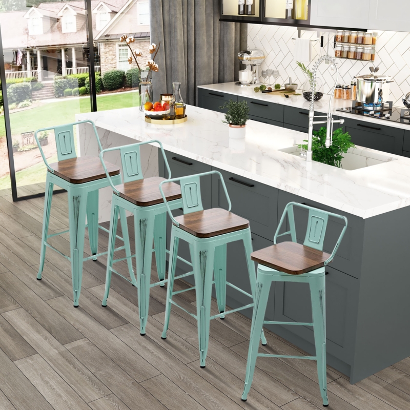 Set of Four Coastal Farmhouse Swivel Stools
