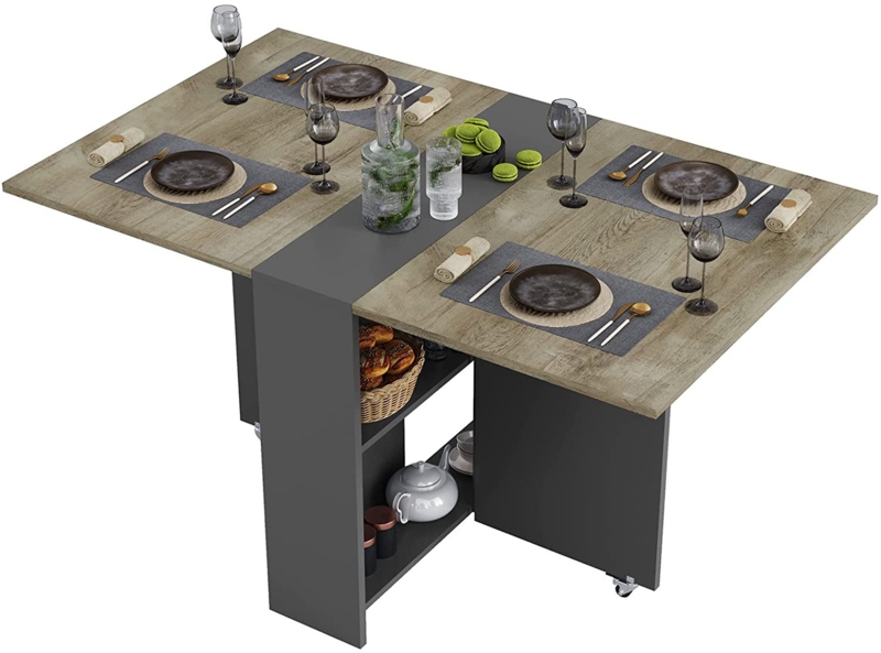 Folding Dining Table with Storage Racks and Wheels