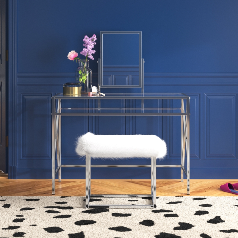 Sleek Glam Vanity Set with Faux Fur Stool