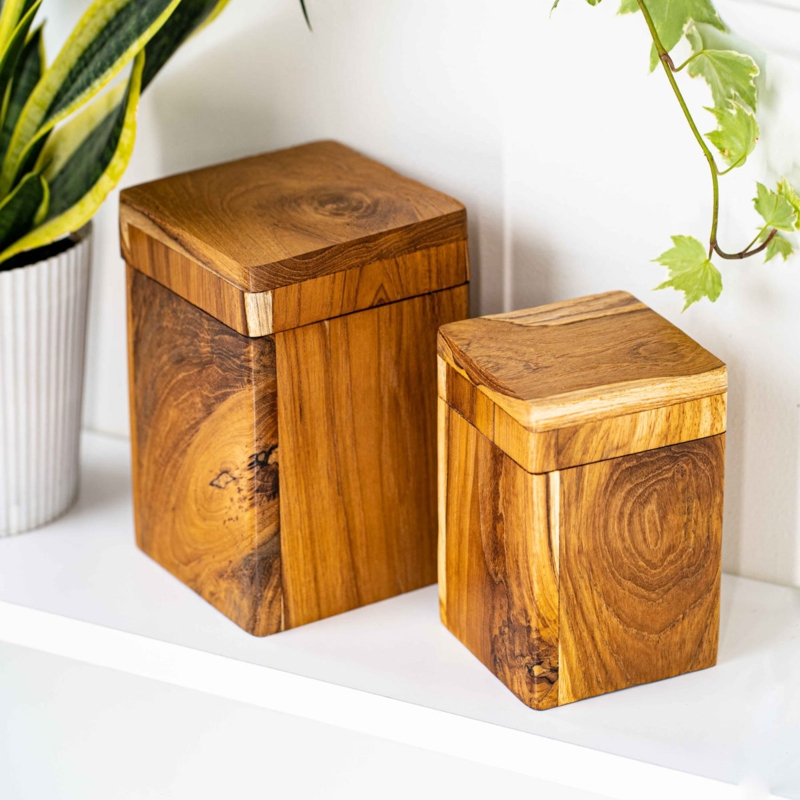 Square Teak Wood Lidded Container - Regular