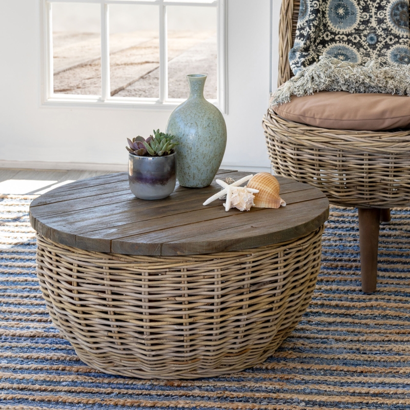 Rattan Coffee Table with Wood Top