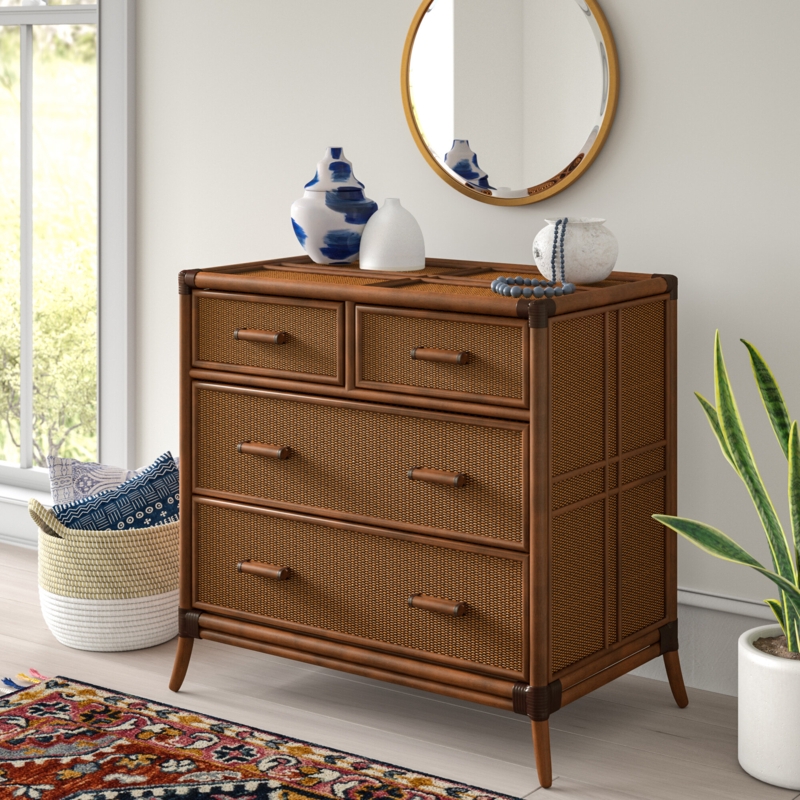 Four Drawer Chest with Wicker Accents