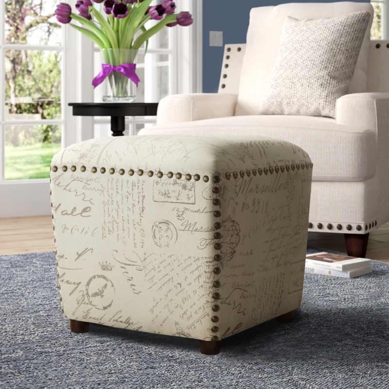 Beige Ottoman with Espresso Legs and Script Pattern