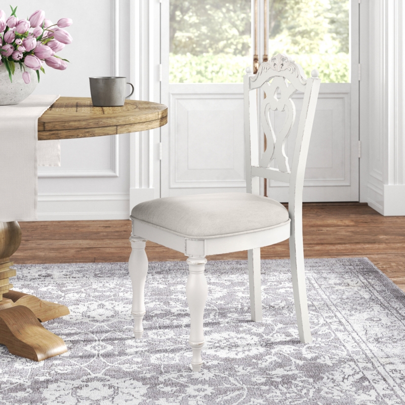 Antique White Wooden Dining Chair with Heart-Shaped Carved Back