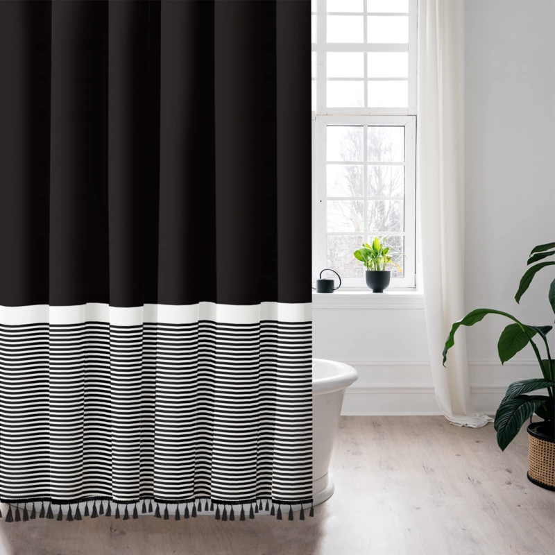 Striped Shower Curtain with Tassels and Hooks