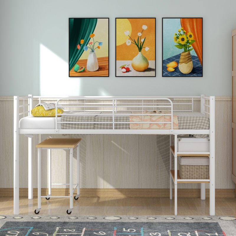 Loft Bed with Built-in Study Desk and Shelves