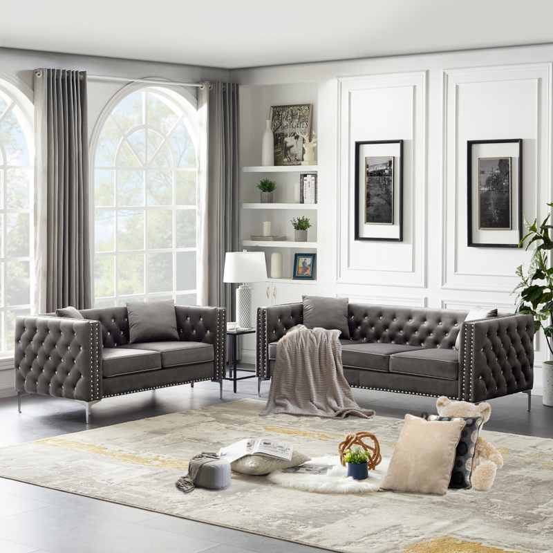Velvet Sofa with Silver Nailhead Trim