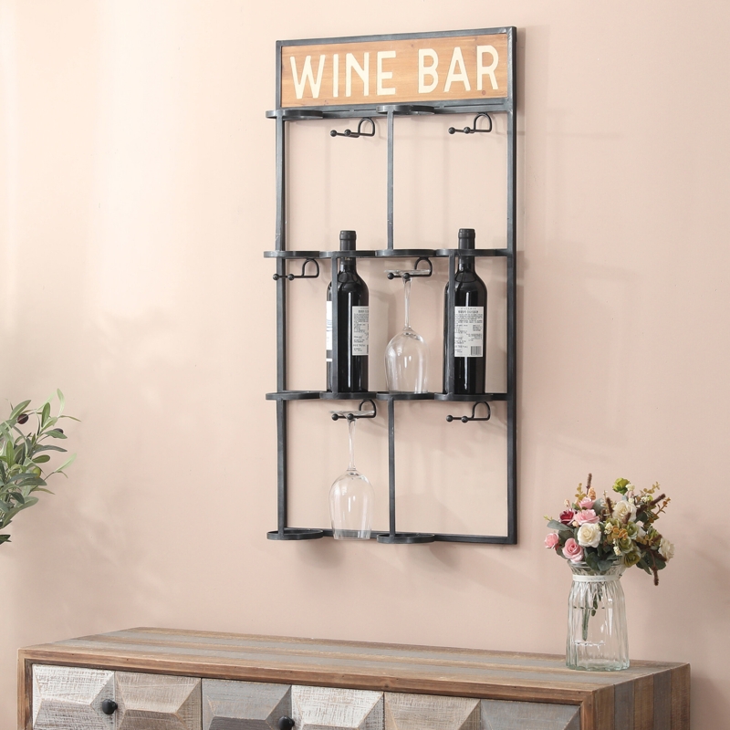 Metal and Wood Wine Bottle Wall Rack