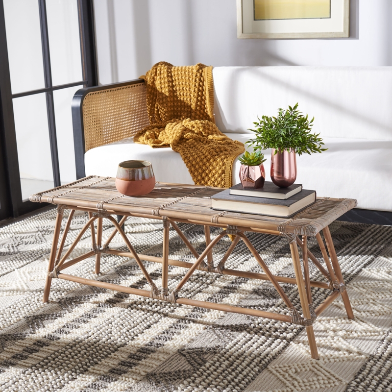 Rustic Rattan Coffee Table with Bamboo-Style Frame