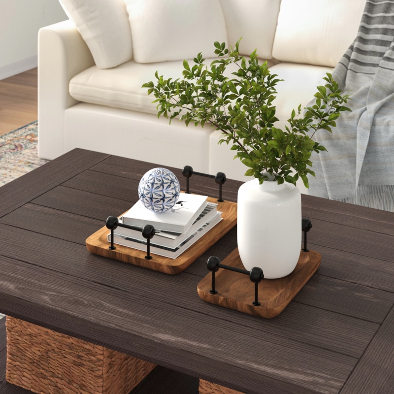 Rustic 2-Piece Wooden Tray Set with Metal Handles