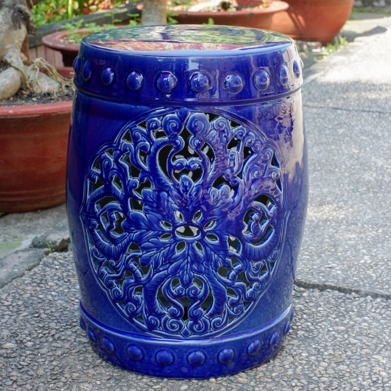 Ceramic Garden Stool with Coin Motif