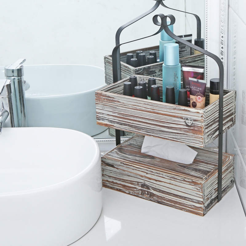 Rustic Torched Wood 2-Tier Shelf Rack