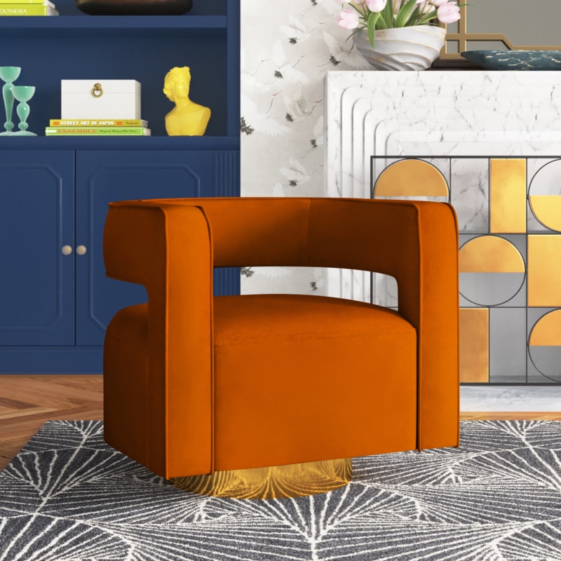 Velvet Accent Barrel Chair with Open Back and Swivel Base